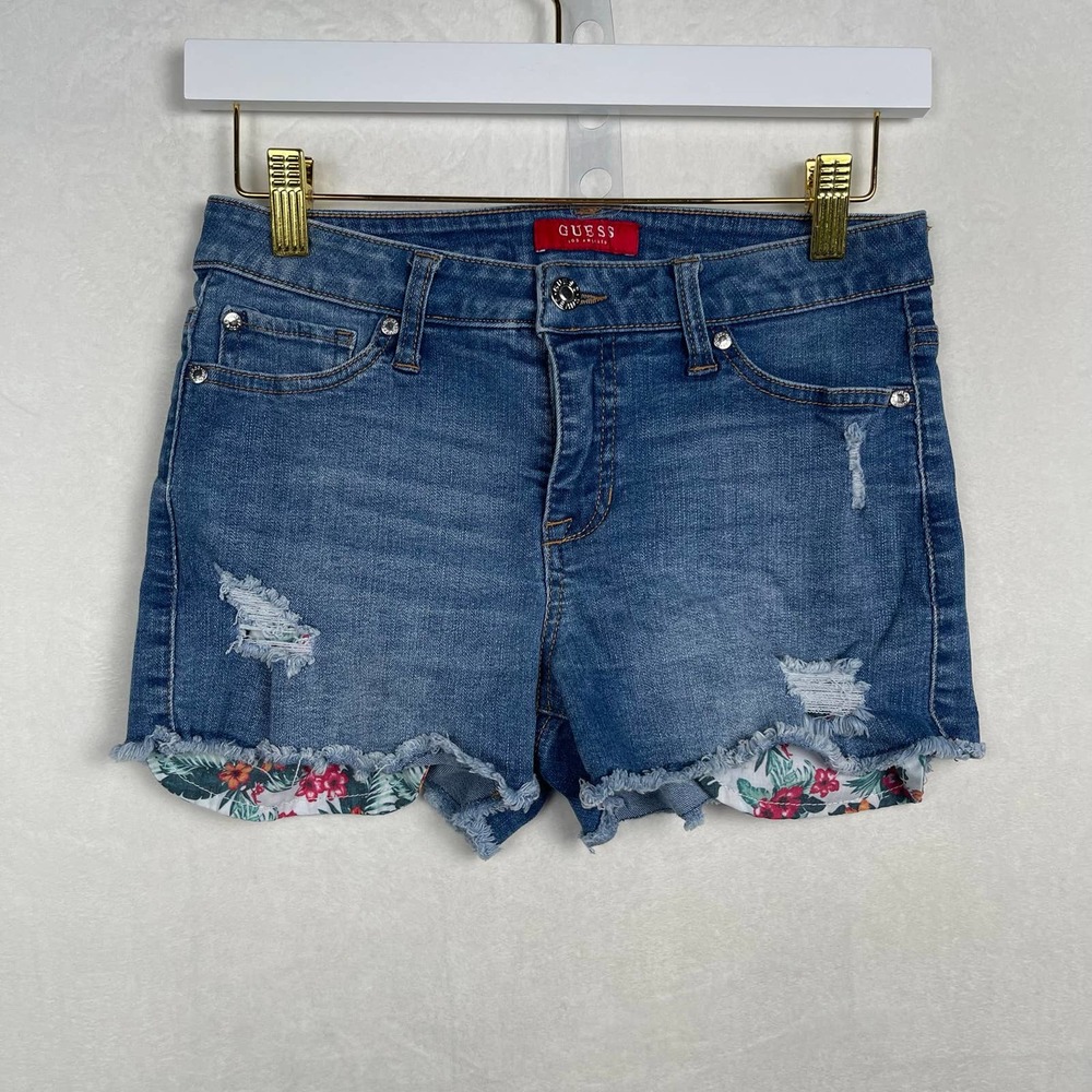 Y2K Guess Los Angeles Cut Off Distressed Jean Shorts Women’s 26 Floral Pockets